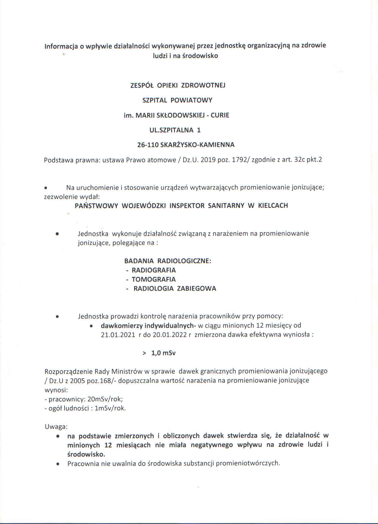 RTG Informacja o wplywie promieniowania 2022