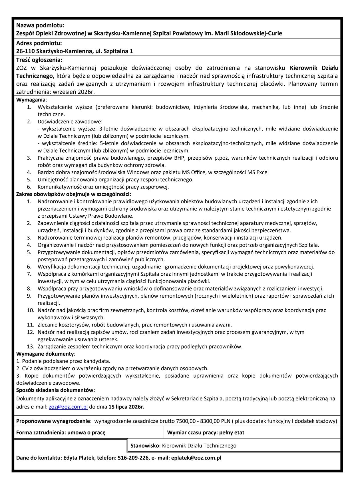 ogłoszenie Kierownik Działu Technicznego